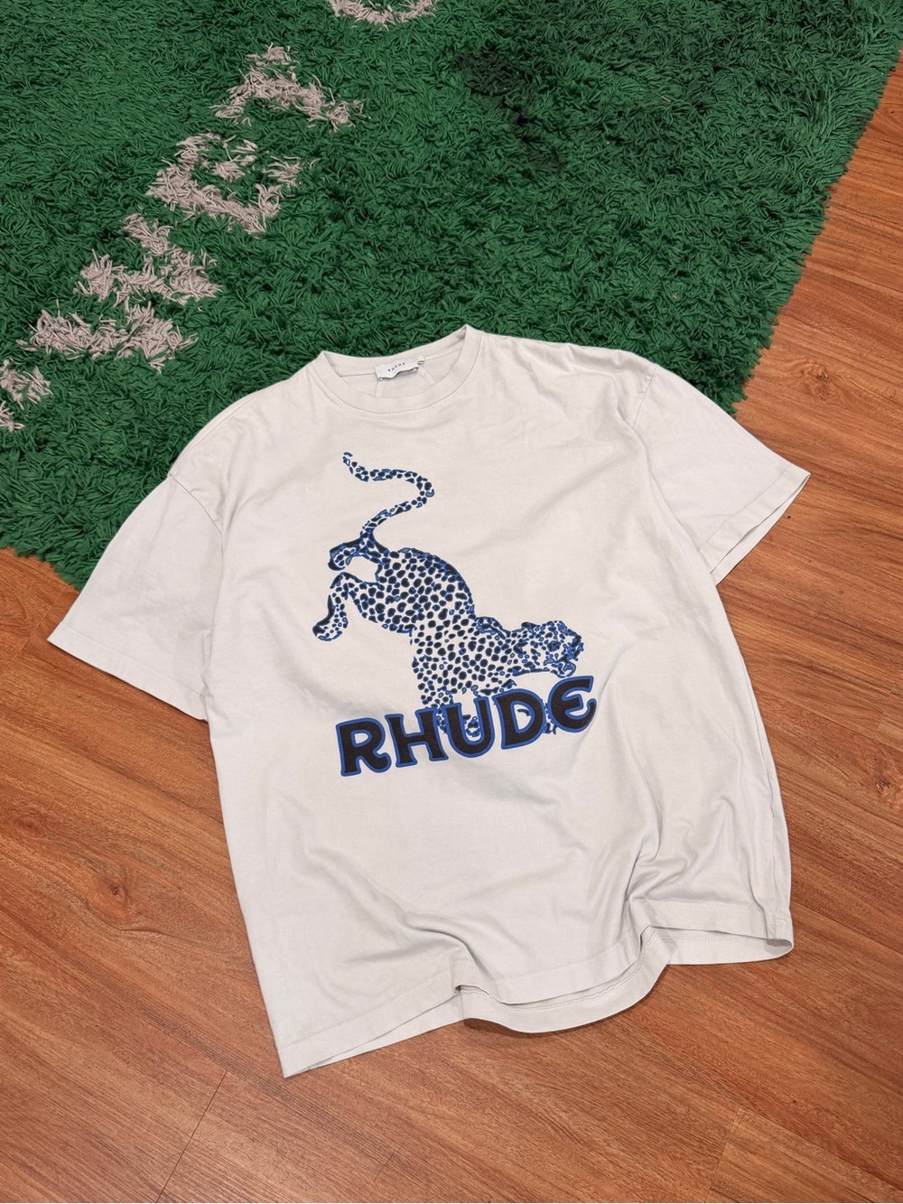 Rhude Beige Tee with Blue Leopard Graphic